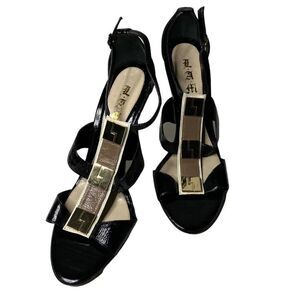 LAMB Gwen Stefani Luxury Designer Metal Logo Patent Leather Heels US Size 8 EUC